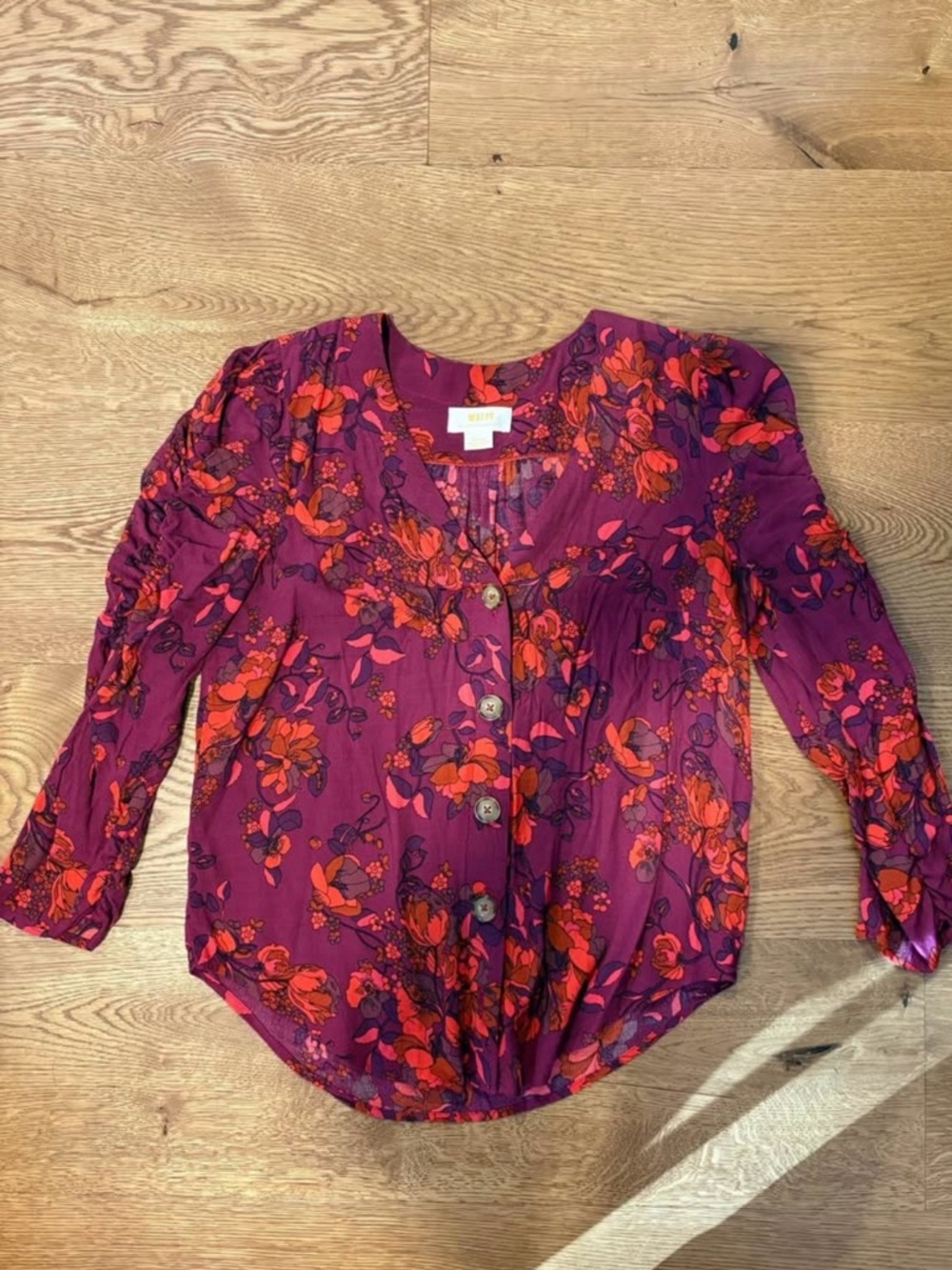 Anthropologie Floral Button-Front Blouse in Plum and Red